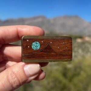 KENNETH REED Wood Brass Turquoise Inlay MONEY CLIP